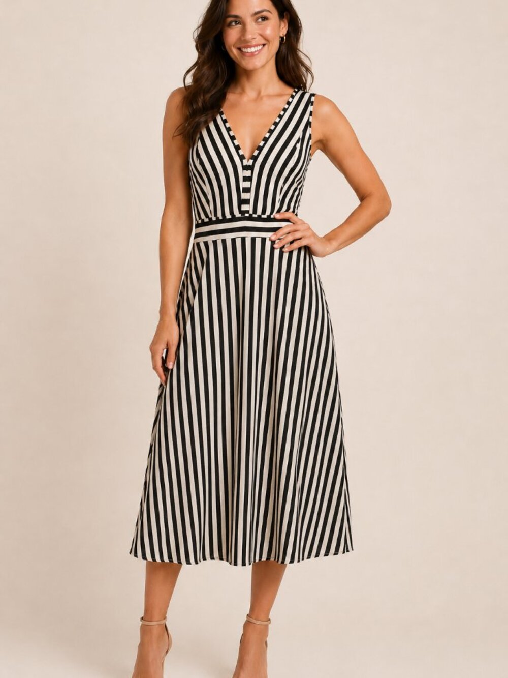 Philosophy Republic Clothing XL Black White Striped V-Neck Midi Dress Stretch